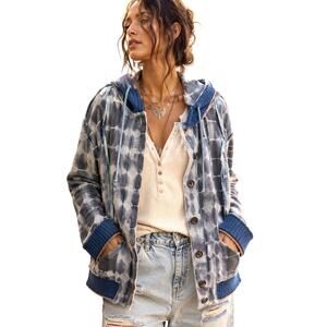 We The Free Blue Tie Dye Hooded Jacket Large Raw Edge Mixed Print Shacket Boho